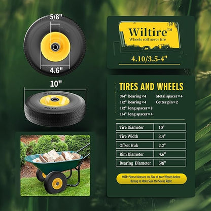 (2 Pack) 4.10/3.50-4 Flat Free Tire and Wheel 10-Inch Solid Wheel Replacement with 5/8 Extra 3/4 &1/2 Bearings,2.2" Offset Hub -Compatible with Hand Truck,Wheelbarrow(Wave,Yellow)