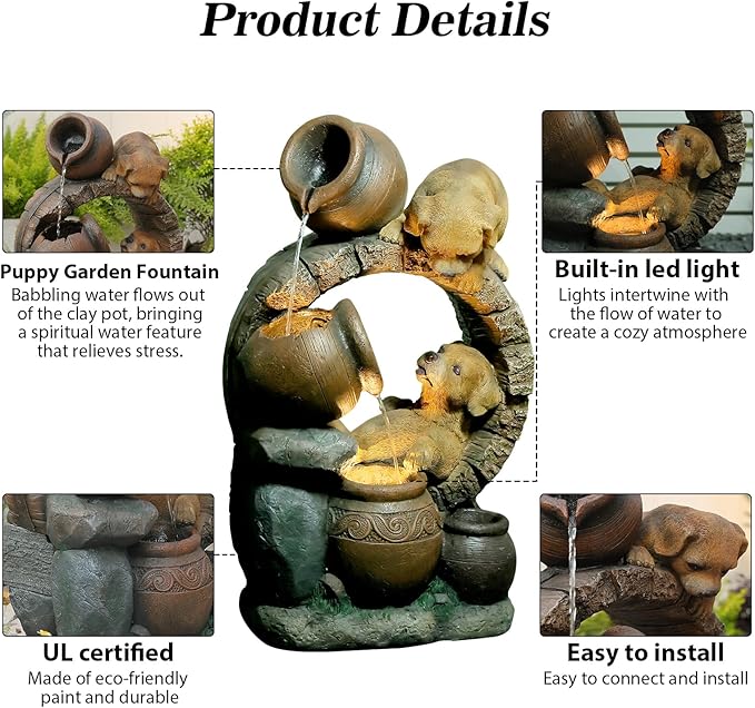 29''H Outdoor Garden Water Fountain,3 Tier Cascading Bowls Dog Waterfall Fountain with Lights for Garden, Patio, Backyard, Deck, Porch and Home Art Decor