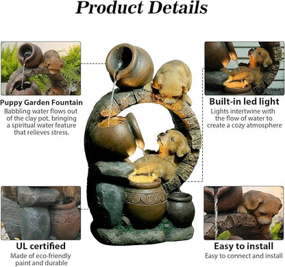 29''H Outdoor Garden Water Fountain,3 Tier Cascading Bowls Dog Waterfall Fountain with Lights for Garden, Patio, Backyard, Deck, Porch and Home Art Decor