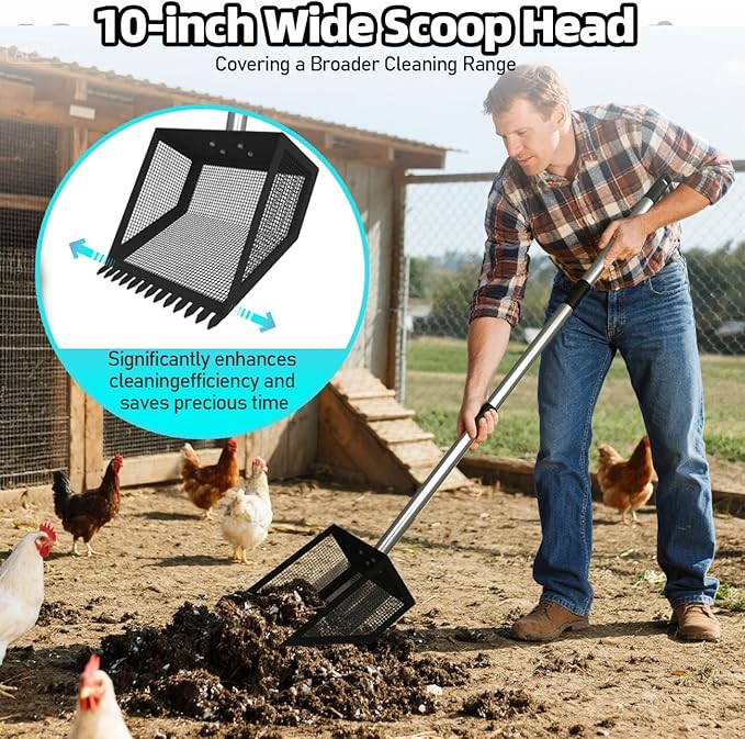 Chicken Poop Scooper for Coops Small Farm Animals with Fine Sieve Coop Rake 2-in-1 Scoop 24" to 67" Adjustable Stainless Steel Handle Durable Sand Sifting Litter Shovel for Animal Sheds Garbage