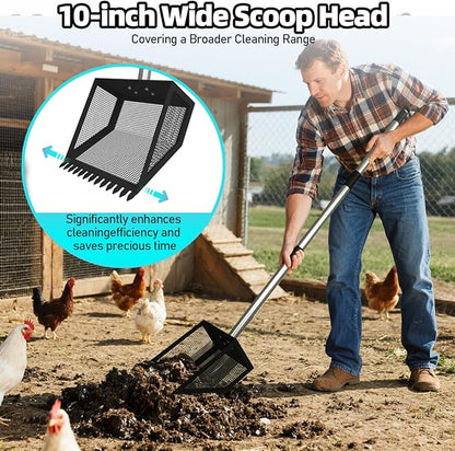 Chicken Poop Scooper for Coops Small Farm Animals with Fine Sieve Coop Rake 2-in-1 Scoop 24" to 67" Adjustable Stainless Steel Handle Durable Sand Sifting Litter Shovel for Animal Sheds Garbage