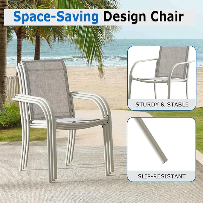 Outdoor Dining Chairs Set of 4, Stackable Patio Chairs with Textilene Fabric, Lightweight Garden Chairs for Poolside, Backyard, Camping, Grey