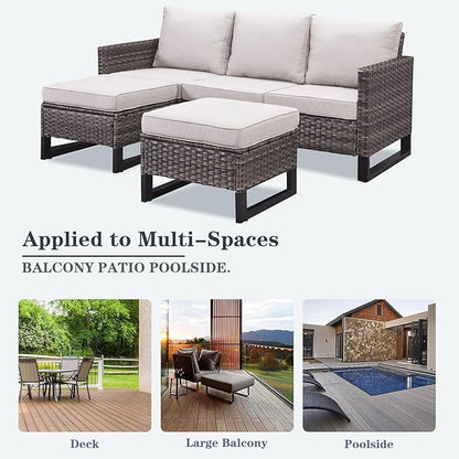 Wicker Patio Furniture Set, 6 PCS Outdoor Patio Furniture Set with Swivel Chairs, Includes 2 Swivel Patio Chairs, 1 Outdoor Couch, 1Side Table and 2 Ottoman, Grey/Beige