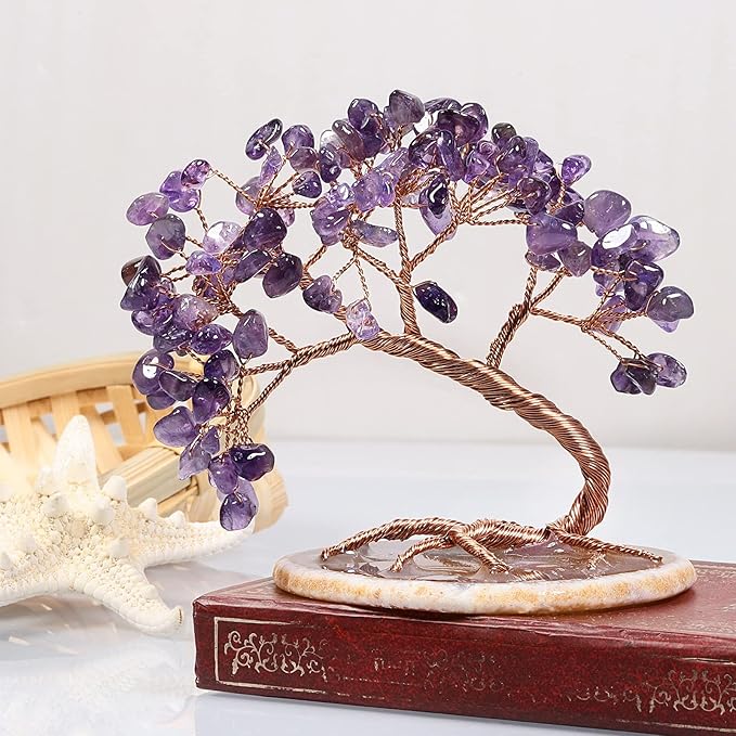 TUMBEELLUWA Reiki Crystal Money Tree with Agate Slice Base Feng Shui Stone Bonsai Tree Figure Decor for Happiness Good Luck and Wealth, Amethyst