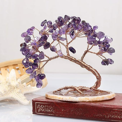 TUMBEELLUWA Reiki Crystal Money Tree with Agate Slice Base Feng Shui Stone Bonsai Tree Figure Decor for Happiness Good Luck and Wealth, Amethyst