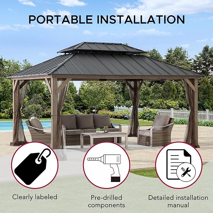 SUNJOY 12x16 Hardtop Wood Gazebo with Galvanized Steel Roof and Mosquito Netting, Outdoor Permanent Pavilion Cedar Gazebo for Backyard, Garden, Patio, Deck, Lawn