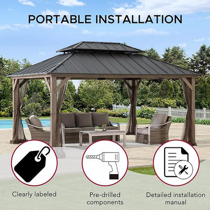 SUNJOY 12x16 Hardtop Wood Gazebo with Galvanized Steel Roof and Mosquito Netting, Outdoor Permanent Pavilion Cedar Gazebo for Backyard, Garden, Patio, Deck, Lawn