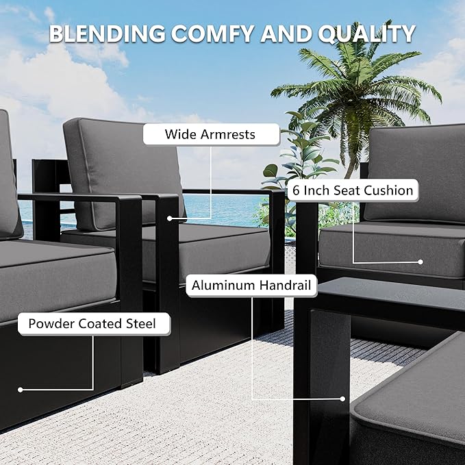 Outdoor Patio Furniture Set, 5-Piece Aluminum Patio Conversation Set All-Weather Metal Outdoor Sectional with 6 Inch Thick Cushions, Deep Setting for Garden, Outside and Porch