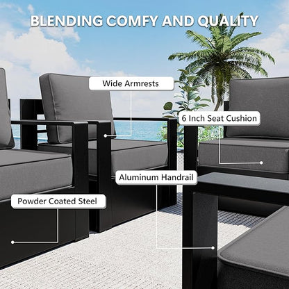 Outdoor Patio Furniture Aluminum Patio Chairs, All-Weather Metal Outdoor Chair with 6 Inch Thick Cushions, Deep Setting for Garden, Outside and Porch