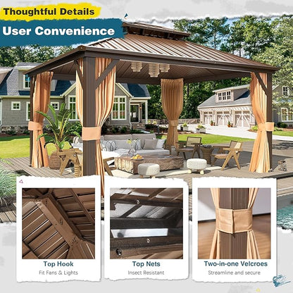 MELLCOM 12'x14' Hardtop Gazebo, Metal Double Roof Aluminum Gazebos with Curtain and Netting,Brown Permanent Galvanized Steel Pavilion for Patio, Lawn & Deck