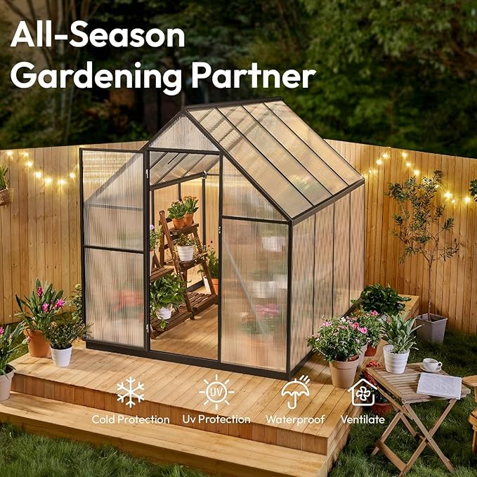 VIWAT 6x7.5 FT Greenhouse for Outdoors, Polycarbonate Greenhouse with Quick Setup Structure and Roof Vent, Aluminum Large Walk-in Green House for Outside Garden Backyard, Black