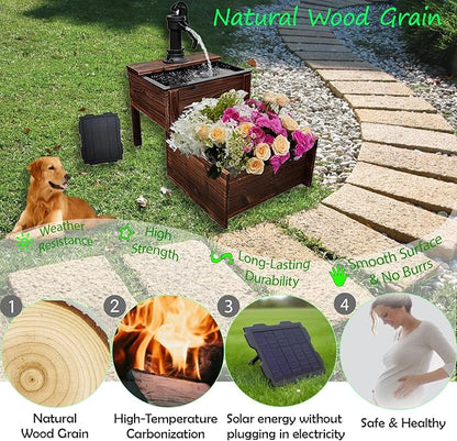 Outdoor Water Fountain，Floor Wooden Rectangular Double-Layer Old-Fashioned Pump Fountain with Flower Box，Solar-Powered Electric Decorative Hand Pump，Outdoor Water Feature for Garden Patio Backyard