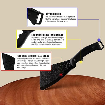 11 Inch Hatchet with Sheath, Small Compact Machete Axes, Fixed Blade Full Tang Camping Tactical Knife for Woodworking, Garden Machete Axe with Sheath for Bushcraft Yards Bushes Wood, A1BK