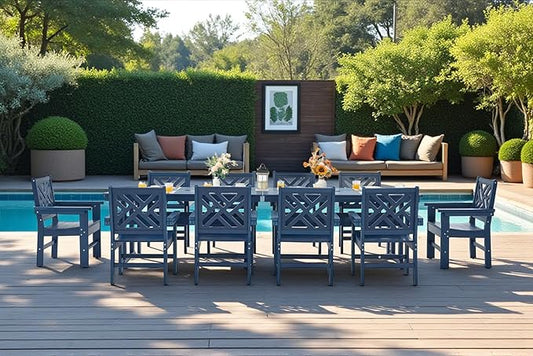 12 Piece HDPE Outdoor Dining Set for 10, Patio HDPE Furniture Set with 2 Table and Umbrella Hole, Outdoor Table and Chairs for Garden, Poolside, Backyard, Deck