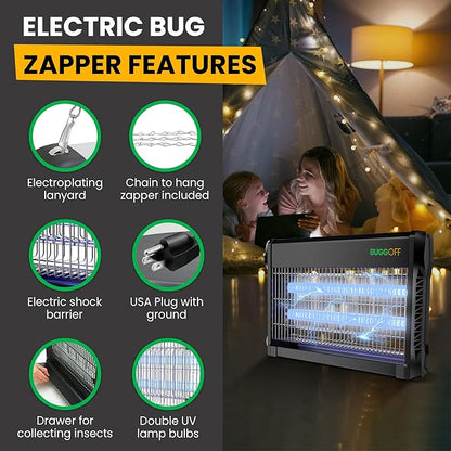 BUGGOFF Indoor Black Modern Electric Bug Zapper, 800 SQFT Coverage, 3500 Volts of Stunning Power, 20 Watts, Kills Mosquitos Gnats, Flys & More. 10 Year Warranty, X2 Free Repalcment Bulbs