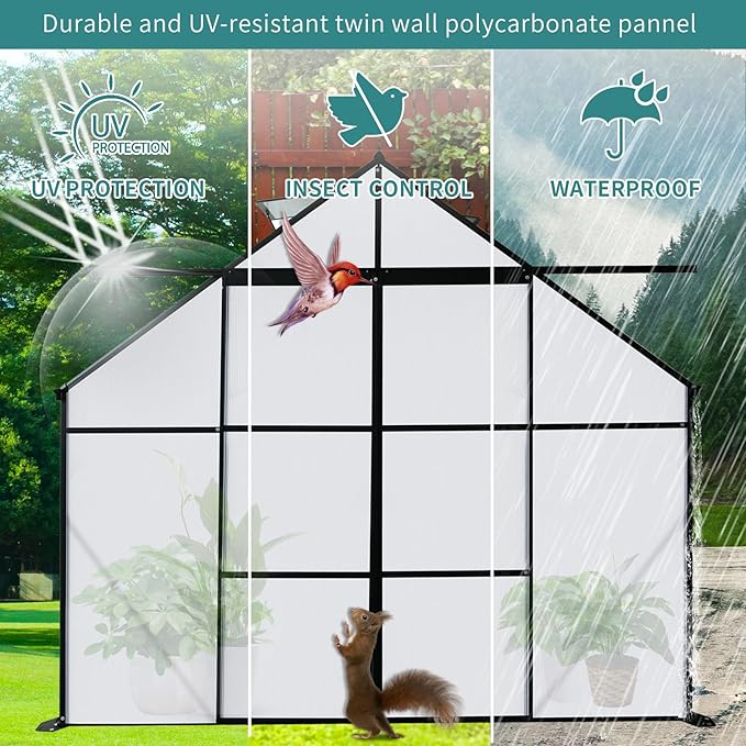 Favfurish 8X8 FT Greenhouses for Outdoors,Polycarbonate Greenhouse, Aluminum Heavy Duty Walk-in Green Houses, Adjustable Roof, Raised Base and Double Sliding Door for Outside Backyard, Black