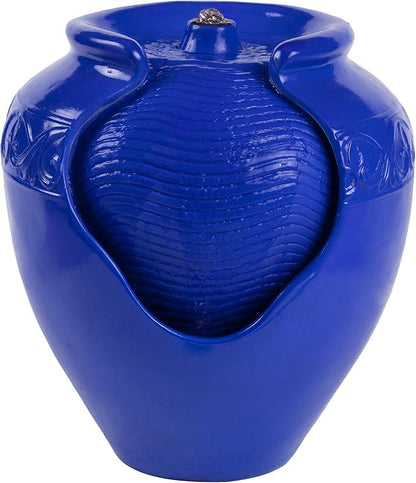 Pure Garden Jar Water Fountain – Indoor or Outdoor Ceramic-Look Glazed Pot Resin Water Feature with Electric Pump and LED Lights (Cobalt Blue)