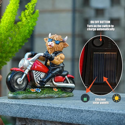 Decorative Highland Cow on Motorcycle Statue with LED Headlight - Rustic Outdoor Garden Ornament, Biker Cow Figurine for Yard, Patio, or Home Decor Gifts