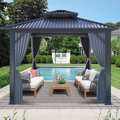 10 X 10ft Hardtop Gazebo, Galvanized Steel Double Roof Gazebo with Nettings and Curtain Outdoor Aluminum Frame Vertical Stripes Roof Permanent for Patio, Backyard, Lawns