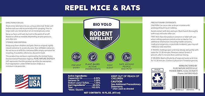 Rodent Repellent Spray, 16oz – Effective Natural Peppermint Formula Repel Mice, Rats, Squirrels, and Rodents. Safe for Indoor, Outdoor, and Car Engines. Safe for People and Pets.