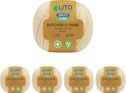 Organic Butcher’s Twine for Cooking & Trussing – 2mm Heavy-Duty Natural Cotton Kitchen Twine 1000 Feet – Food-Safe, Oven-Safe String for Meat, Turkey, Baking, & Crafts
