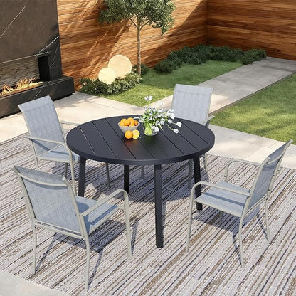 5 Pieces Round Dining Table Set for 4, Patio Dining Set Includes 4 Beige Blue Stackable Patio Chairs and 1 Black Round Table, Patio Furniture Setss with Sling Support for Outside, Garden