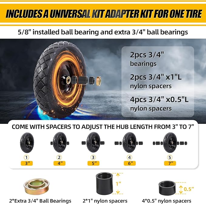 MZREXN 4.80/4.00-8" Flat Free Tire and Wheel 15" Solid Wheelbarrow Tires, 3.00-4.00/4.80-8" with 5/8" & 3/4" Bearings, 3" Centered Hub for Hand Truck Garden Trailers Utility Cart Yard Wagon 2PCS Black