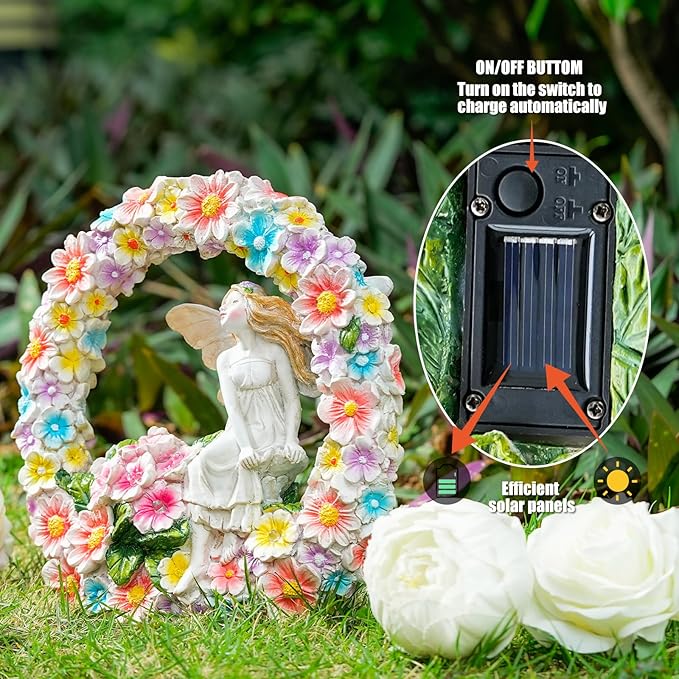 Garden Whimsical Gnome and Bulldog Statue Delightful Garden Decoration with Solar Light Gifts for Yard, Patio Decor (Flower Angel)