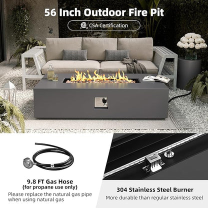 UPHA 56-inch Outdoor Propane Gas Fire Pit Table 50000 BTU Concrete Round FirePit for Outside Patio with Propane Tank Cover, Lava Rocks, Rain Cover, Grey