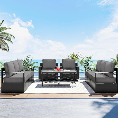 Outdoor Patio Furniture Set, 5-Piece Aluminum Patio Conversation Set All-Weather Metal Outdoor Sectional with 6 Inch Thick Cushions, Deep Setting for Garden, Outside and Porch