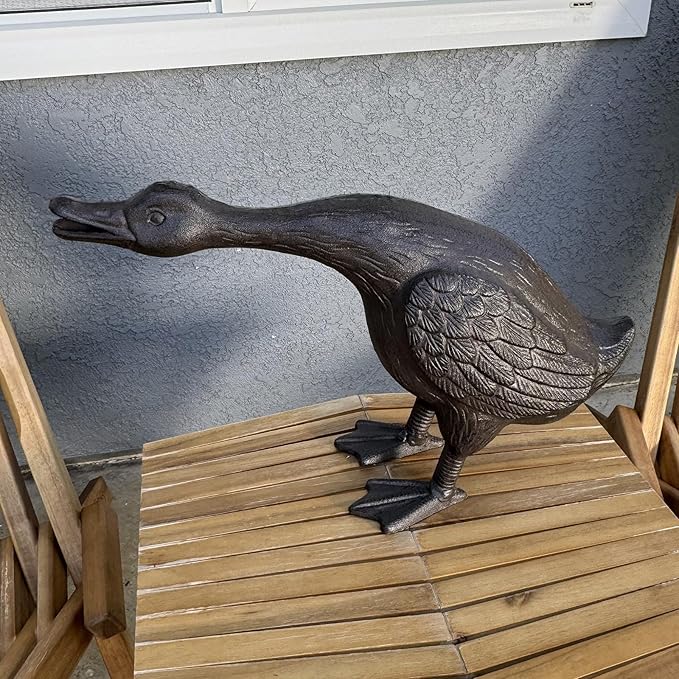 Vintage Cast Iron Goose Statue (18" Tall) - Handcrafted Feather Details, Realistic Garden Lawn Decor, Heavy Duty Outdoor Sculpture HC3267