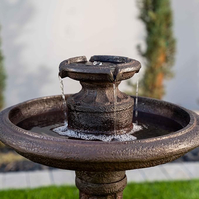XBrand 28" Solar-Powered Outdoor Birdbath Fountain – Large Brown Resin Water Fountain with Solar Panel for Lawn and Garden Decor
