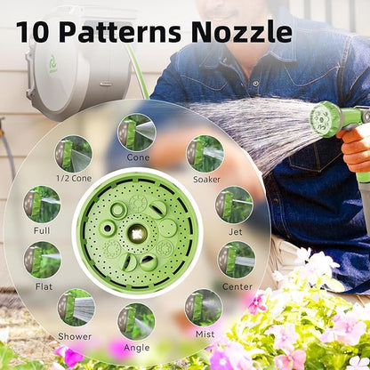 PINWHEEL 5/8in 100FT Retractable Garden Hose Reel, Automatic Retractable Hose with 10-Pattern Spray Nozzle, 180° Swivel Bracket, 3-Layer PVC Durable Water Hose for Yard Lawn Care (100 FT)