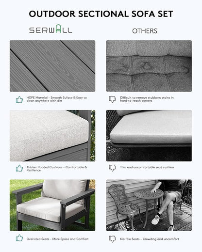 SERWALL HDPE Patio Conversation Set, 6-Piece Sectional Outdoor Furniture Set, All Weather Outdoor Couch Set Patio Furniture Set for Deck, Lawn, Grey Frame with Khaki Cushion