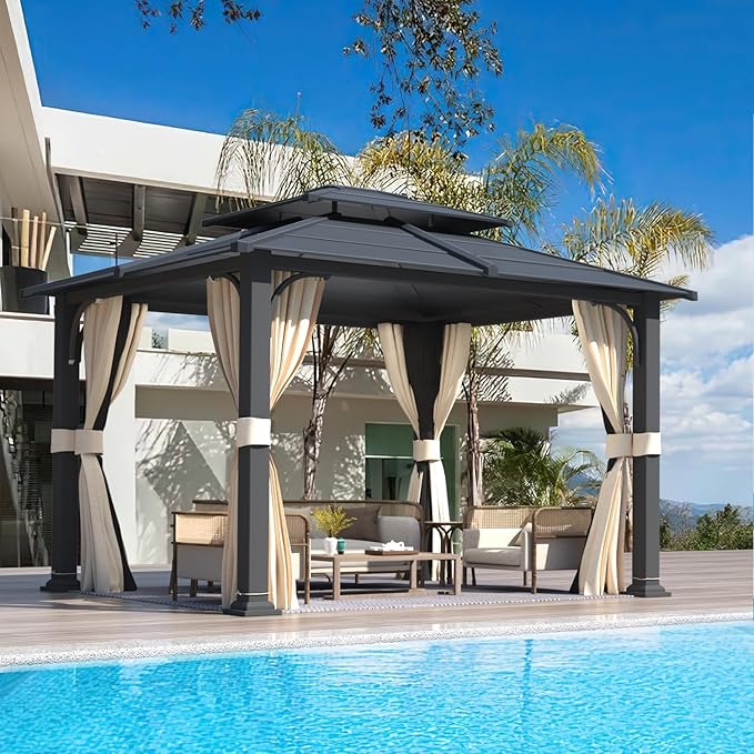 YOLENY 10'x12' Gazebo with Galvanized Steel Roof, Hardtop Double Roof with Anti-Rust Coating, Outdoor Gazebos with Curtains and Netting, Sunshade for Gardens, Lawns, Deck