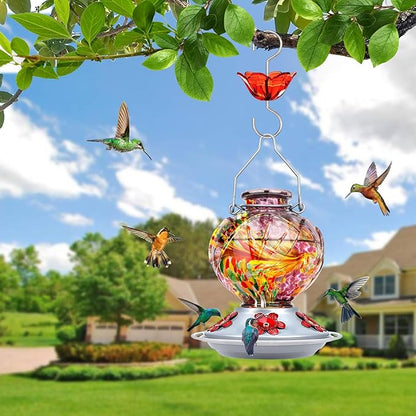 BOLITE Hummingbird Feeder, Hand Blown Glass Hummingbird Feeders for Outdoors Hanging, with Ant Moat and 5 Feeding Ports, 22 Ounces, Peony Flower Shape, Purple, Gifts for Women Men, Gifts for Mom Dad