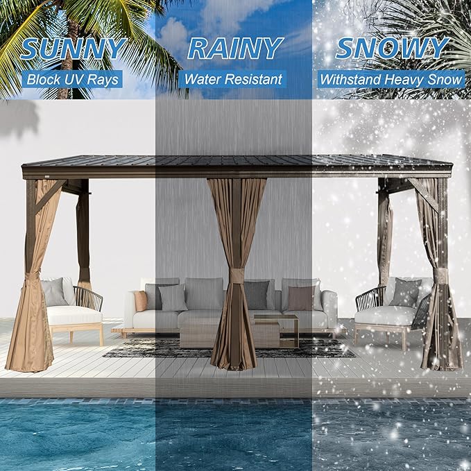 12’ x 16’ Lean to Gazebo, Outdoor Wall Mounted Gazebo Aluminum Frame, Hardtop Pergola with Galvanized Steel Sloping Roof for Patio Deck Garden Backyard, Curtain and Netting Included