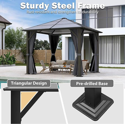 10x10FT Gazebo Hardtop, Outdoor Patio Gazebos with Polycarbonate Roof & Steel Frame, Outdoor Pavilion with Gray Curtain&Netting for Backyard/Lawn/Garden/Deck