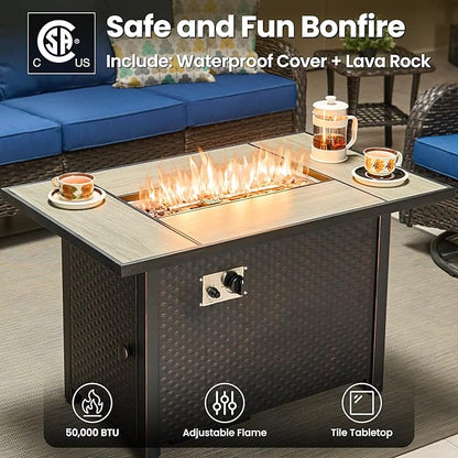 ovios 5 Pieces Patio Furniture Set, Outdoor Wicker Sofa Couch with Swivel Chairs 42" Fire Pit Table, High Back All Weather Modern Conversation Sets, Brown Rattan, Navy Blue