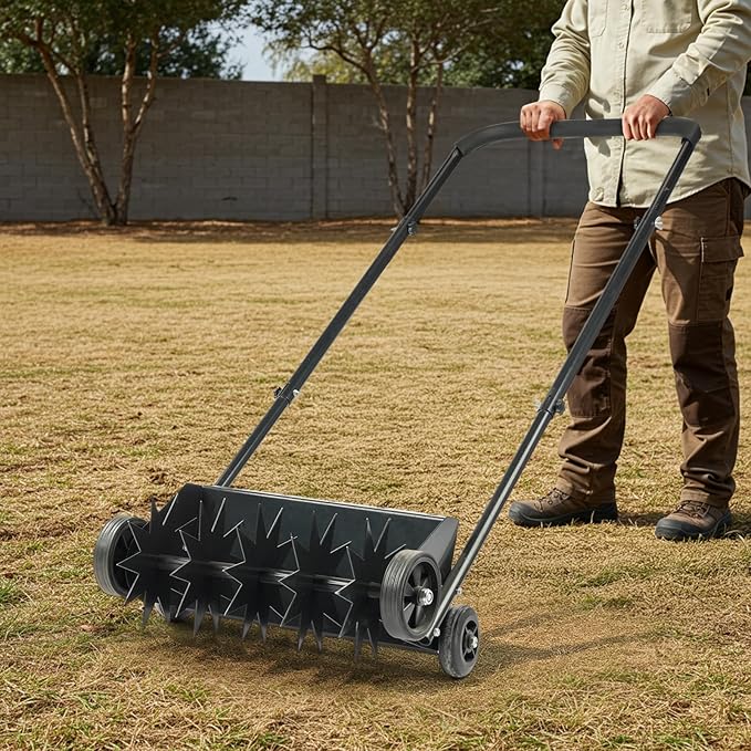 VINGLI Lawn Aerator, 19-Inch Heavy Duty Push Spike Aerator with 4 Wheels, Easy-to-Assemble, 45'' Push Rolling Aerator for Lawm, Yard and Garden(Black)