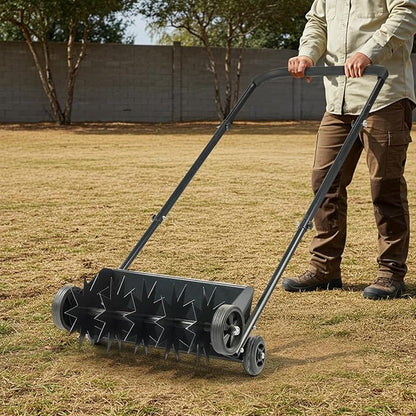 VINGLI Lawn Aerator, 19-Inch Heavy Duty Push Spike Aerator with 4 Wheels, Easy-to-Assemble, 45'' Push Rolling Aerator for Lawm, Yard and Garden(Black)