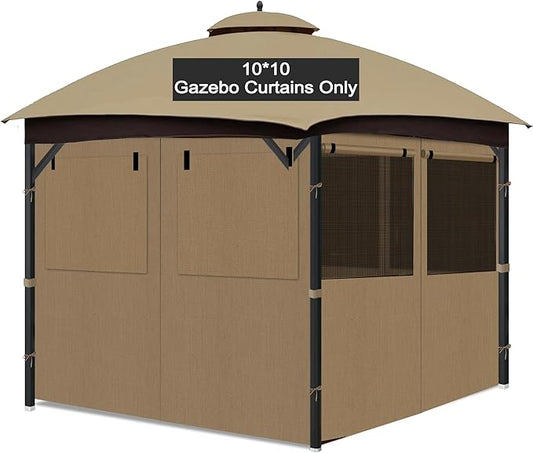 Gazebo Privacy Curtain 10'x10', Replacement Curtains with Mosquito Net Windows, 4-Panels Side Wall, Zippers, Waterproof Outdoor Curtains for Patio, Canopy, Garden and Backyard, Khaki (Curtain Only)