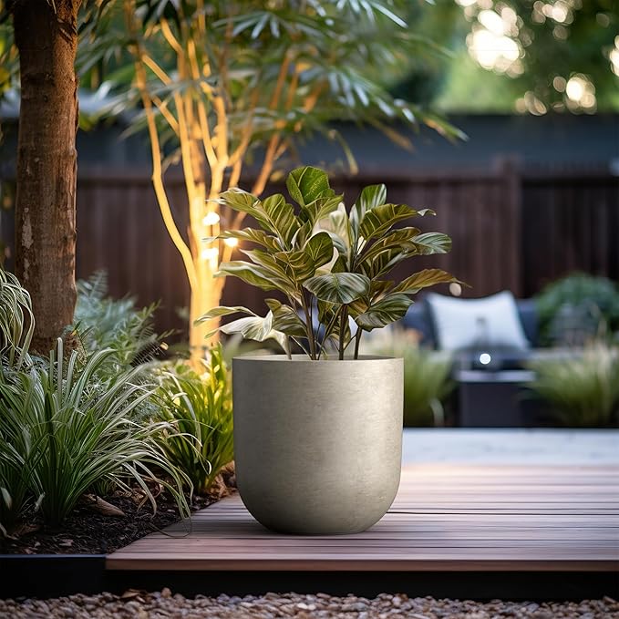 Kante 16.5" Round Concrete Planter, Large Cylinder Plant Pot with Curved Bottom and Drainage Hole, for Indoor and Outdoor Use – Garden or Patio, Weathered Concrete Finish with Warm Brown Interior