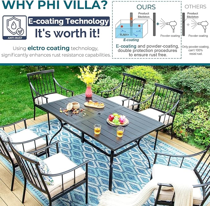 PHI VILLA 7 Pieces Outdoor Dining Set with Cushion for 6, 60” Rectangular Metal Dining Table with Umbrella Hole & Cushioned Iron Swivel Chairs Furniture Set for Patio, Deck, Yard