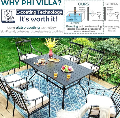 PHI VILLA 7 Pieces Outdoor Dining Set with Cushion for 6, 60” Rectangular Metal Dining Table with Umbrella Hole & Cushioned Iron Swivel Chairs Furniture Set for Patio, Deck, Yard