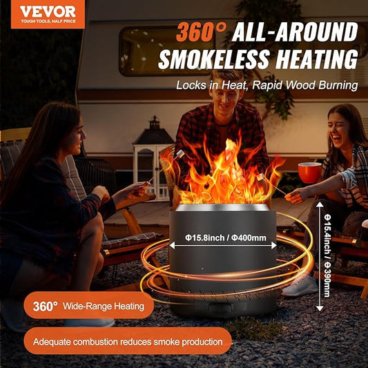 VEVOR 15.8 inch Smokeless Fire Pit Stove Bonfire, Wood Burning Fireplaces with Removable Ash Pan, SUS430 Stainless Steel Inner Portable Outdoor Firepit,for Outdoor Patio Camping High 15.4 inch