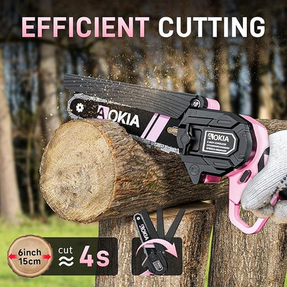 Cordless Mini Chainsaw 21V,6In Electric Chainsaw,Handheld & Portable Power Chain Saw for Tree Trimming Pruning Garden & Yard Work,2 Battery Chain Saw Gifts for Men Women Dad Pink