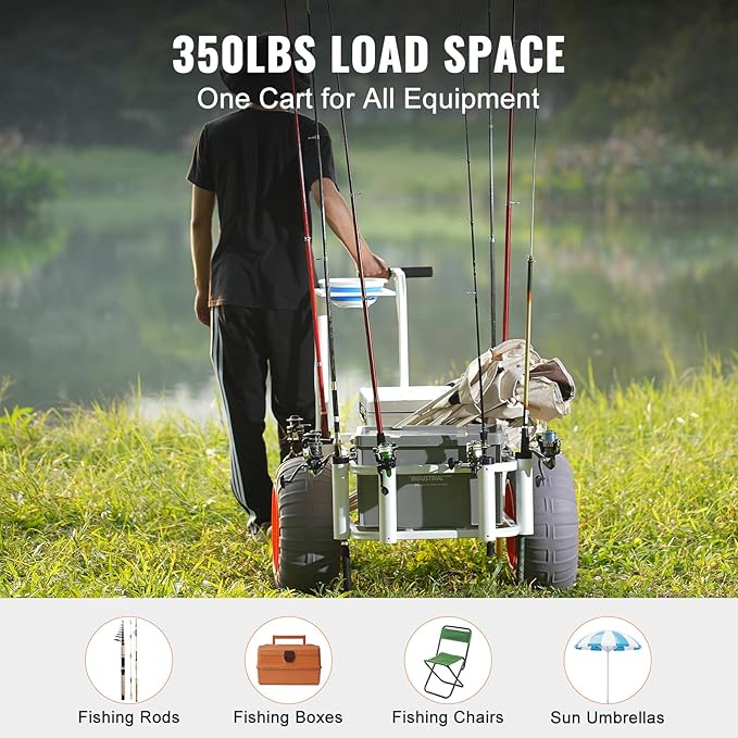 VEVOR Beach Fishing Cart, 350 lbs Load Capacity, Fish and Marine Cart with Two 16" Big Wheels PU Balloon Tires for Sand, Heavy-Duty Aluminum Pier Wagon Trolley with 8 Rod Holders for Fishing, Picnic