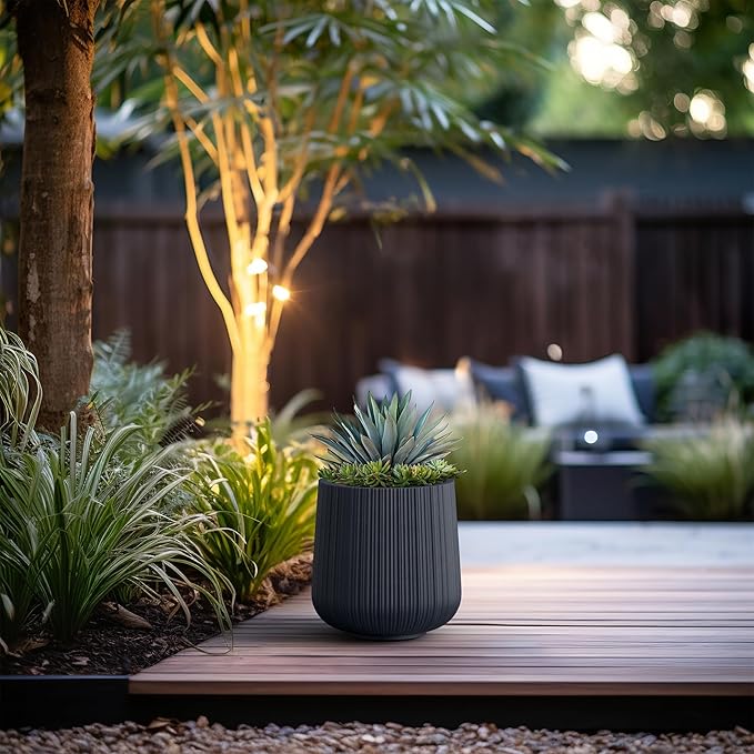 Kante 13.0" Dia Round Fluted Concrete Planter, Large Plant Pot with Drainage, Smooth Charcoal Finish with Warm Brown Interior, for Indoor and Outdoor Use