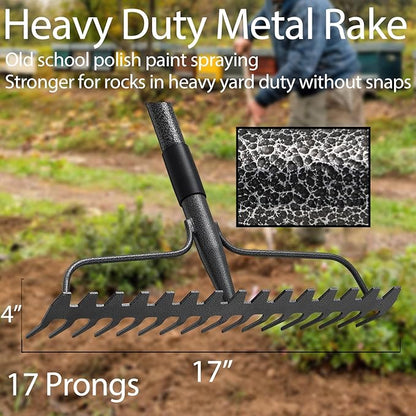 Bow Rakes for Lawns, 17 Prongs 17" Wide Heavy Duty Metal Garden Rake Long Handle 50", Adjustable Rock Yard Thatch Rake for Leaves Gardening Loosening Soil Mulch Gathering Leaf